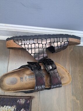 Birkenstock Metallic Bronze Croc-Embossed Arizona Sandals